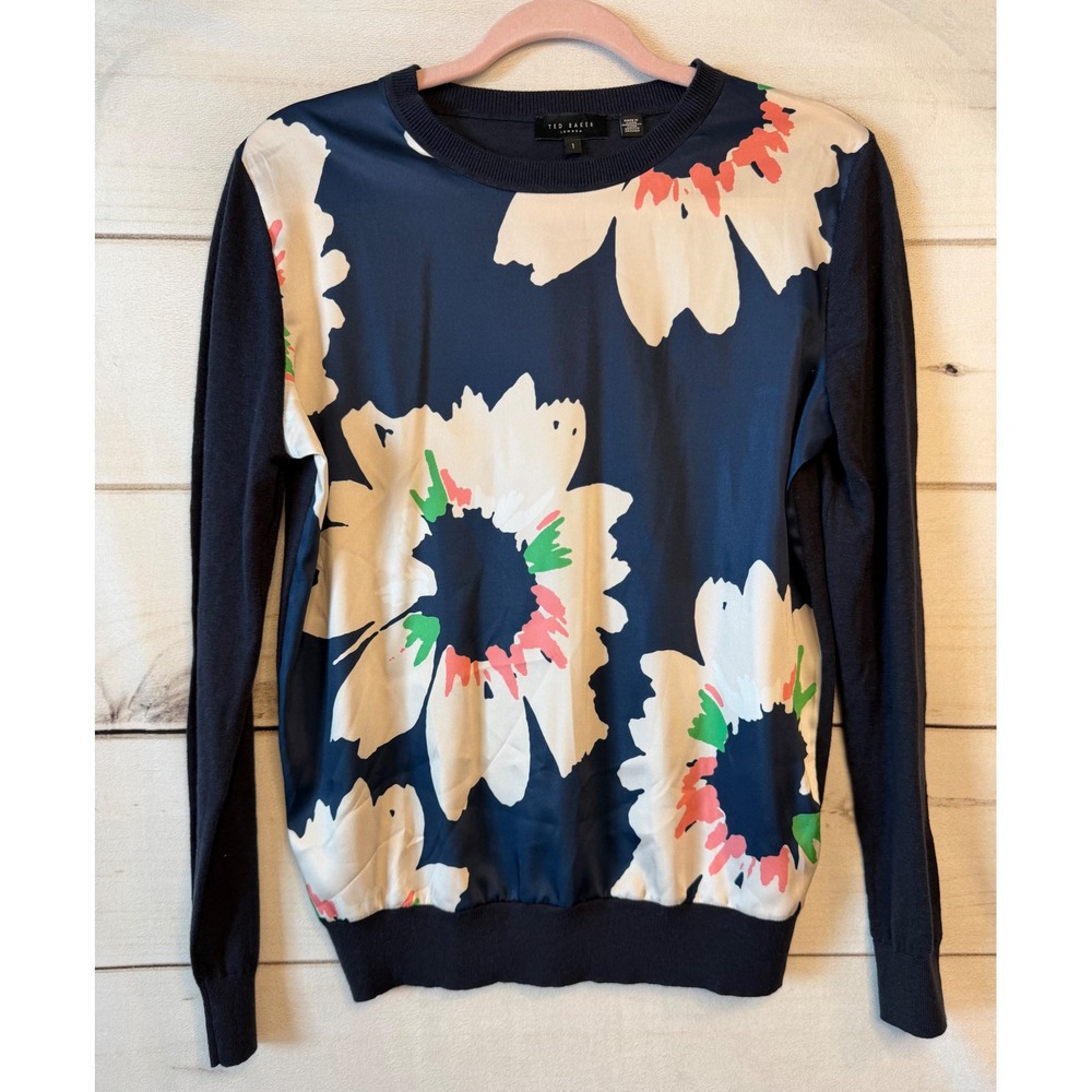 Ted Baker London Marola Floral Mixed Media Knit Sweater Navy Blue Womens Size 1